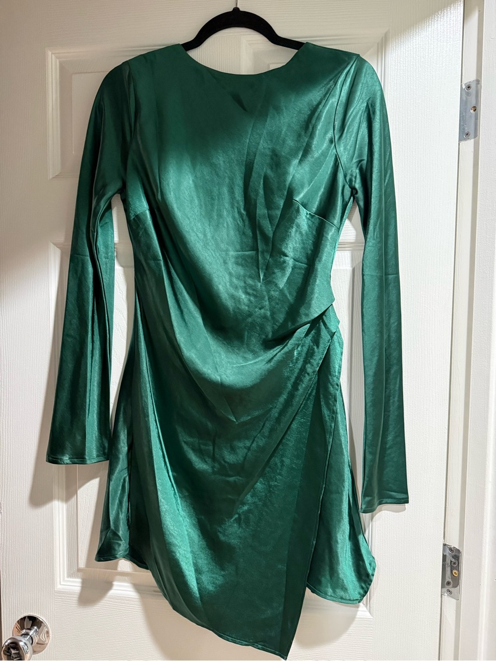 PAIGE Satin Emerald Green Long-Sleeve Draped Dress